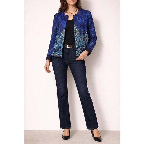 Coldwater Creek Jackets & Blazers - Coldwater Creek Blue Patterned Open Front Cotton Blazer Jacket Size 14 Petite